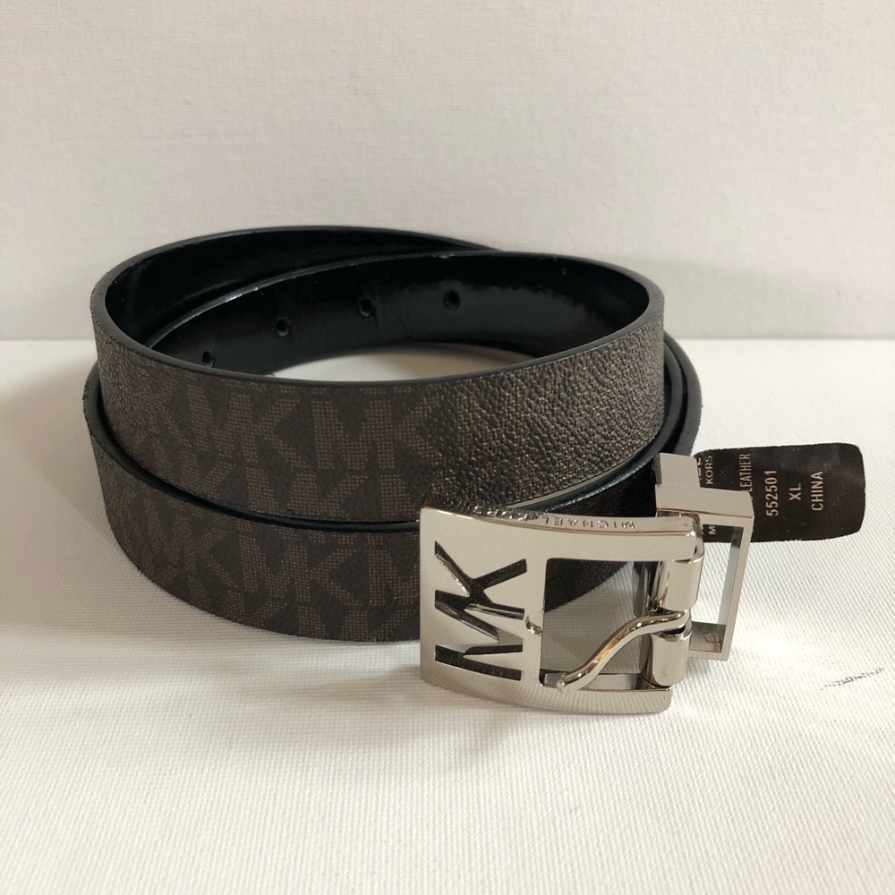 Michael Kors Reversible MK Signature Monogram Leather Belt Brown Black Women's X